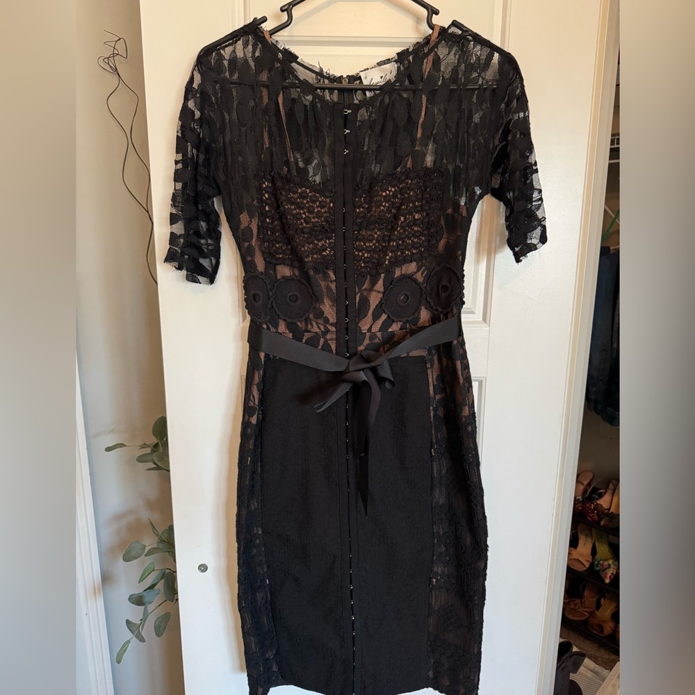 Byron Lars Black Lace Midi Dress with Nude Underlay